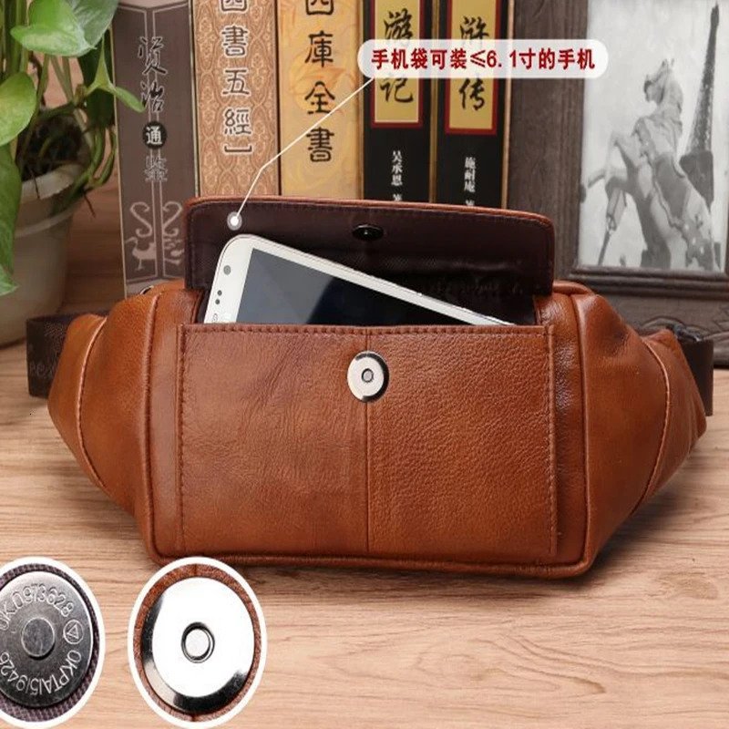 Mens waist bag Fanny Pack waist belt bag leather casual fashion travel real cowhide mens circular sling box Hip Bum waist belt bag 241008