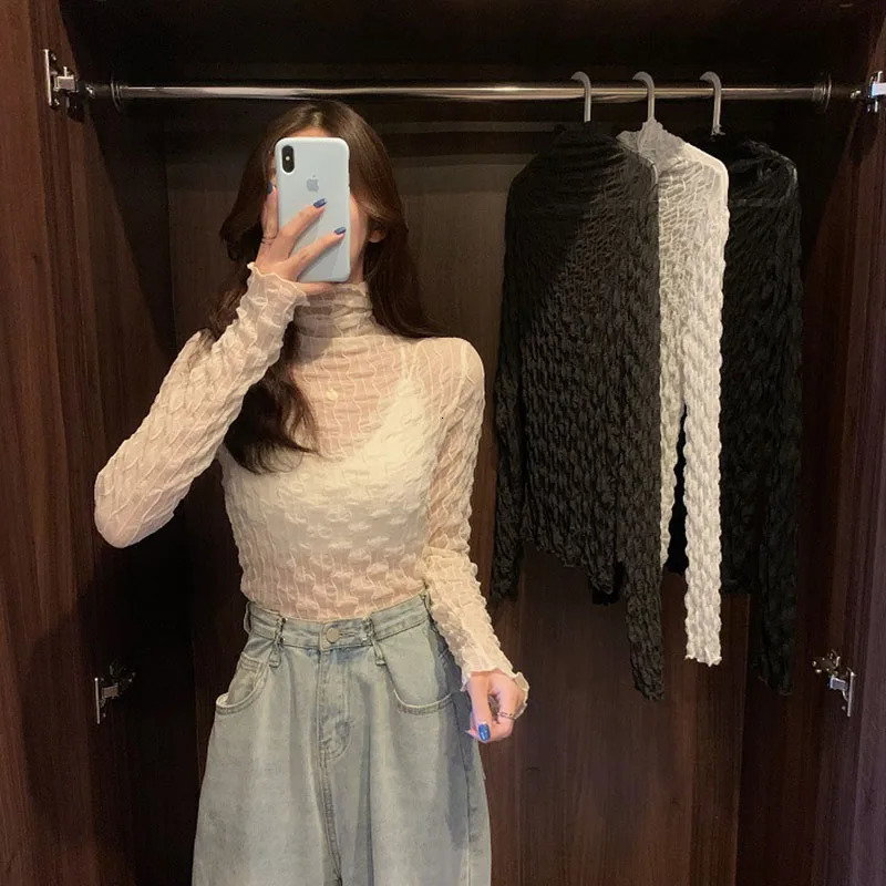 Women Lace Mesh High Collar Bottom Tshirts Female Long Sleeve Autumn Casual Style Tight Thin Tops Clothes 241011