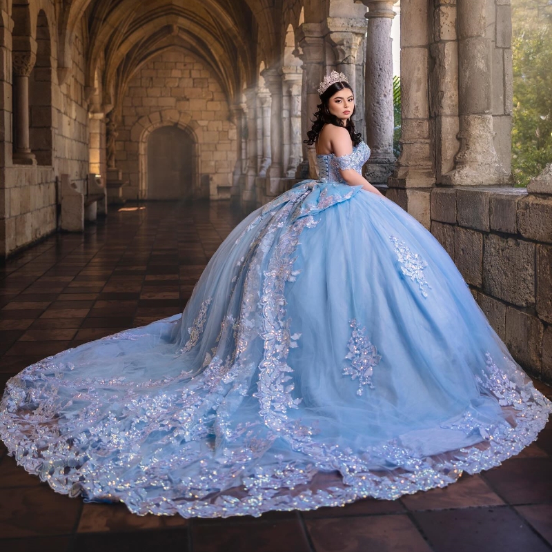Sky Blue Quinceanera Dresses Off The Shoulder Lace Applique Bow Beads Tulle Ball Gown Birthday Party Sweet 16 Dress Vestidos 15 De Anos