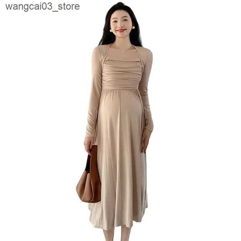 Maternity Dresses 2024 Spring Maternity Dresses Long Sleeve Square Collar High Waist Pregnant Woman Modal Dress Faux Two Pieces Pregnancy Clothes L240