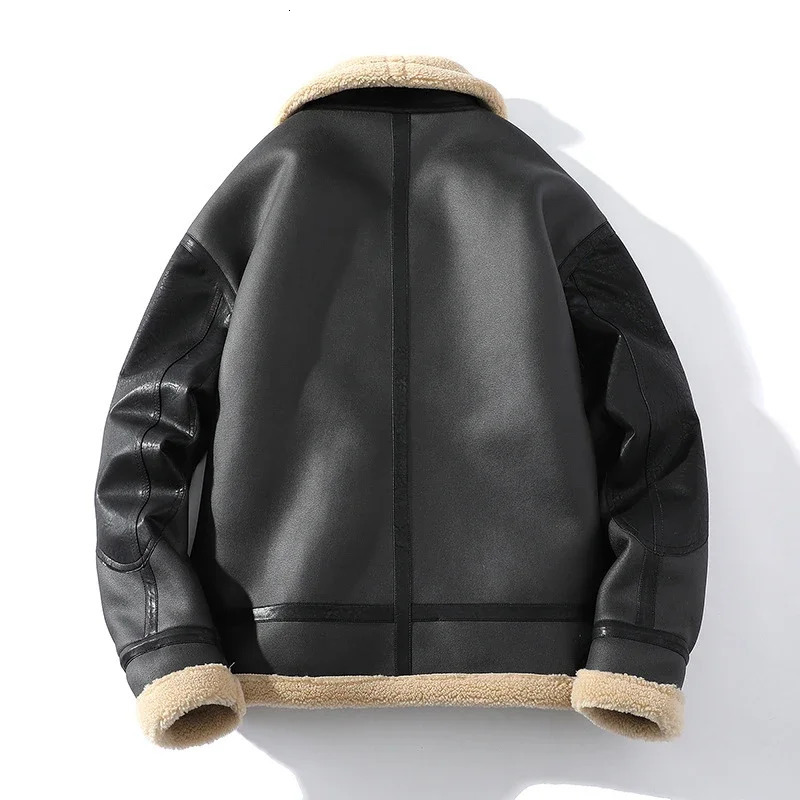 Mens leather thick jacket winter warm coat patch work artificial cashmere fur lapel coat plus size M-5XL 240930