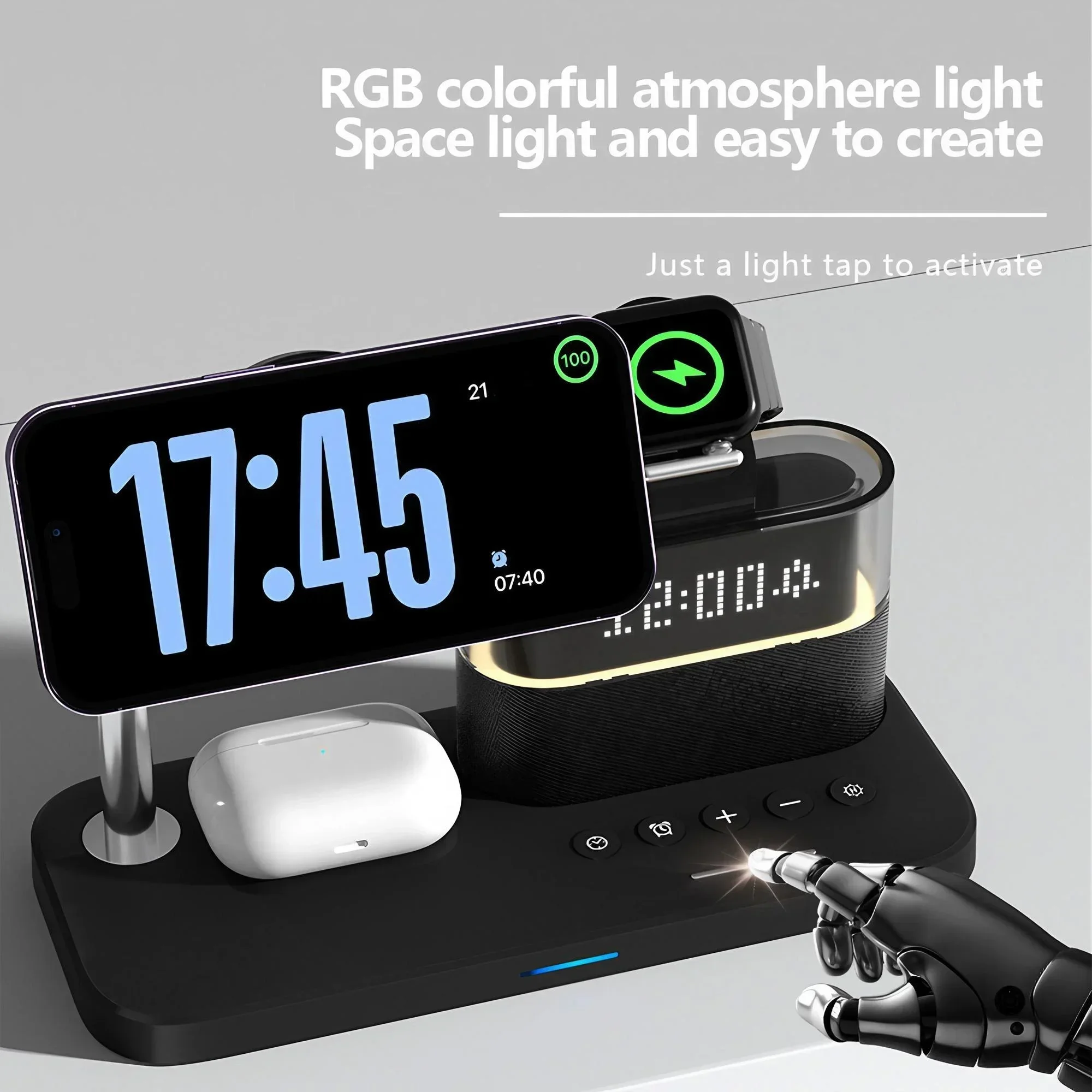 STOENGO 15W 5 in 1 Magnetic Wireless Charger Clock Wireless Charger for IPhone IWatch Ultra AirPods Samsung Fast Charging