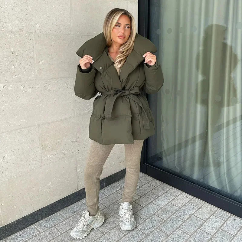 Fandy Lokar Winter Stand Collar Parka Fashion Tie Waist Short Coat Elegant Solid Puffer Jackets Female Ladies 241009
