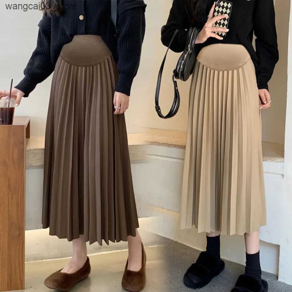 Maternity Dresses 2023 Autumn Winter Pleated Thick Warm Maternity Skirts Elastic Waist Belly Casual Clothes for Pregnant Women Pregnancy vestidos L240