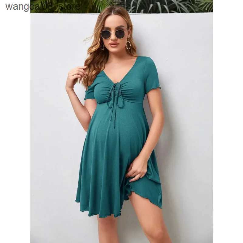 Maternity Dresses Maternity Clothes Solid Drawstring Dress Skirt Summer Casual Pregnant Women Short Sleeve V-Neck Dress Vestido Pregnancy Clothing L24