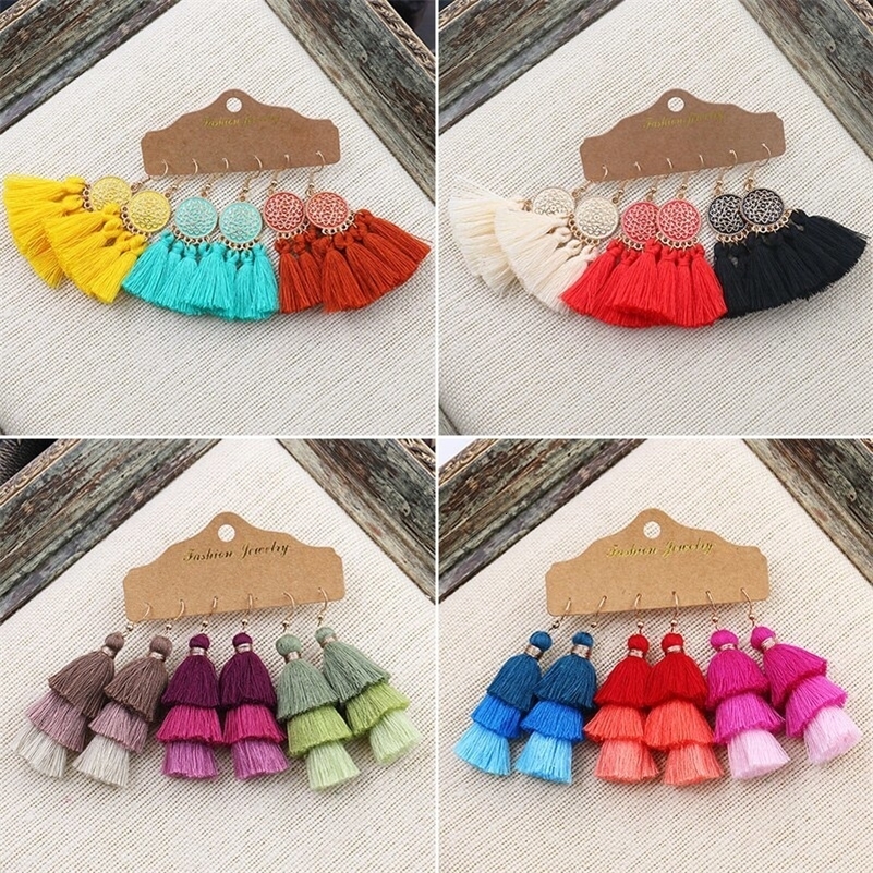 Women Bohemian Colored Tassel Dangling Earrings For Girl Pagoda Fan Eardrop Female Net Flowe Fashion Jewelry y240906