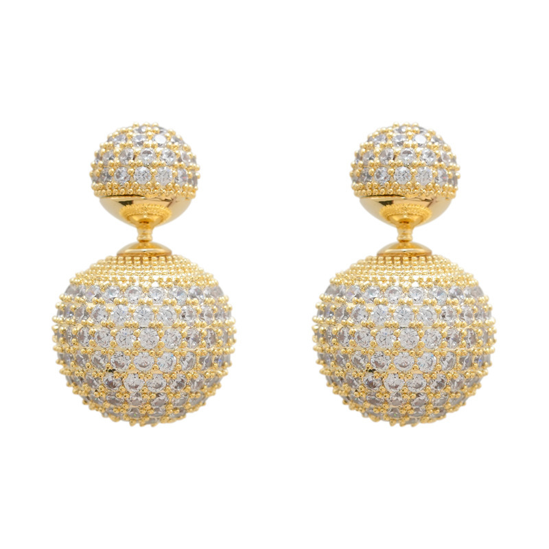 New Light High end Round Ball with Micro inlaid Zirconia Zircon Stones, Wearing Earstuds in Front and Back, Women's Style Earrings