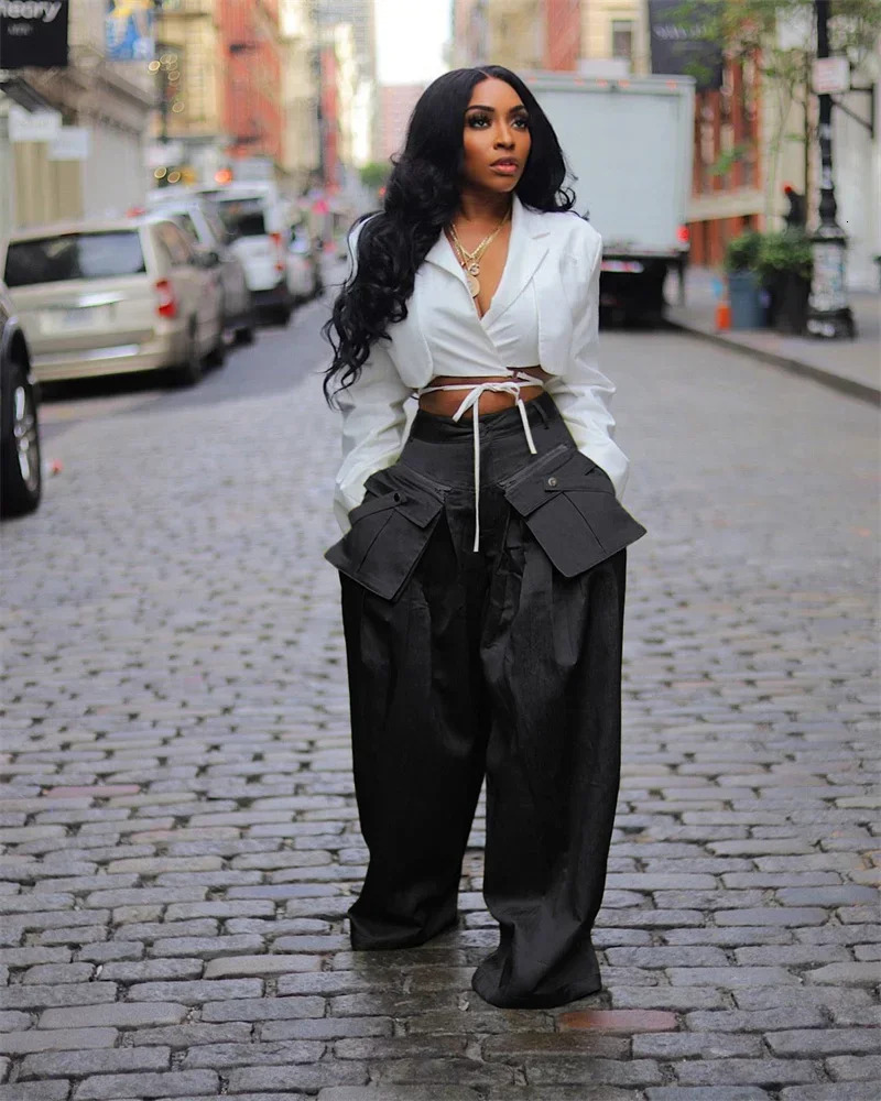 Fashion Streetwear High Waist Removable Pockets Wide Leg Pants For Women INS Hip Hop Casual Loose 2024 Spring Summer Trousers