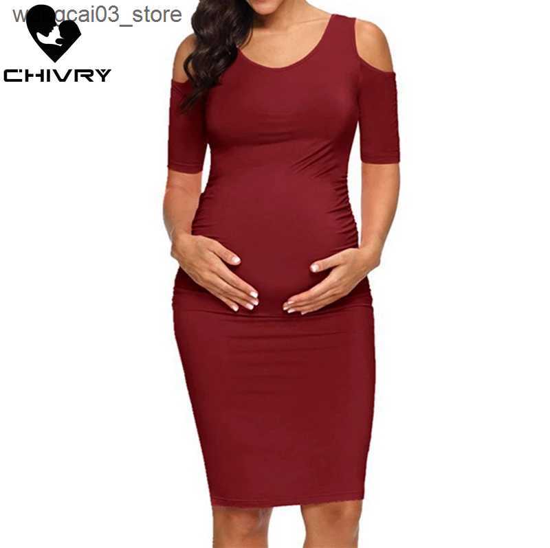 Maternity Dresses Chivry New Maternity Women Pregnancy Dresses Mama Clothes O-Neck Solid Sexy Off Shoulder Bodycon Pregnant Women Casual Dress L240910