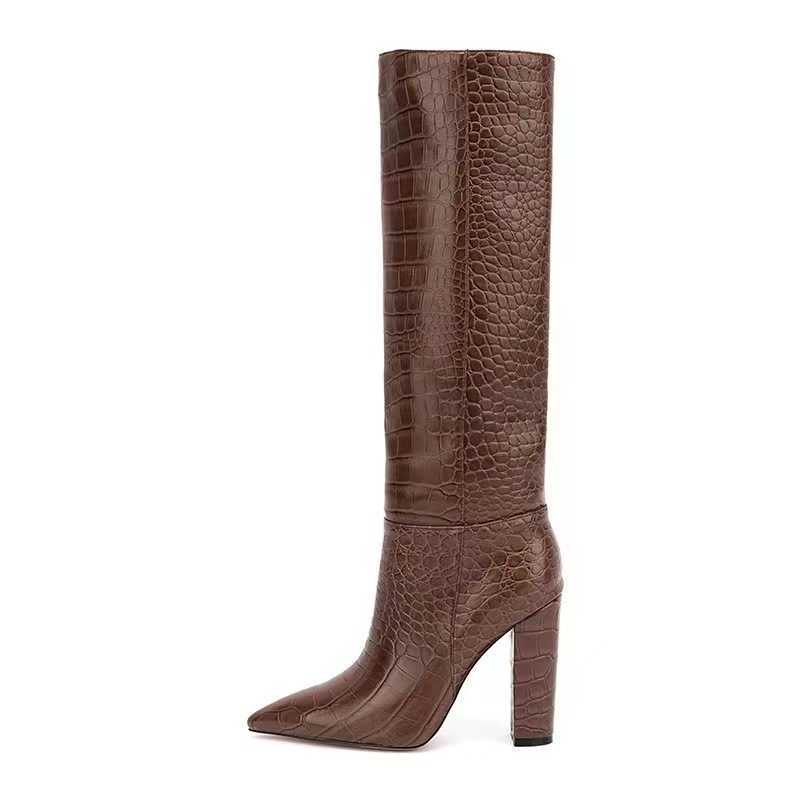 Women Fashion Boots Leather Womens Thick Heels Spring Autumn Crocodile Pattern Fashion Boots Thigh High Heels High Knee Boots Long Boots Fashion Shoes