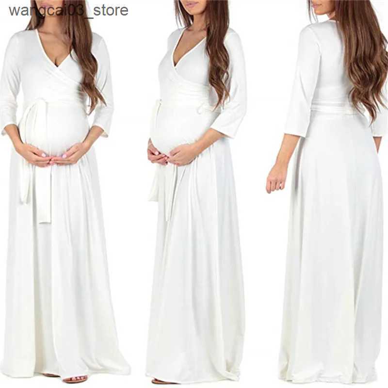 Maternity Dresses 2022 Autumn New Women Pregnant Maternity Nursing Floral Breastfeeding Summer Long Dress V-neck Beach Clothes for Pregnant Women L240