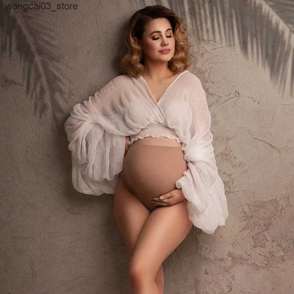 Maternity Dresses Maternity Photography Dress Chiffon Summer Photo Shooting Pleated Top Flare Sleeve See Through Pregnancy Outfit Women Clothing L2409