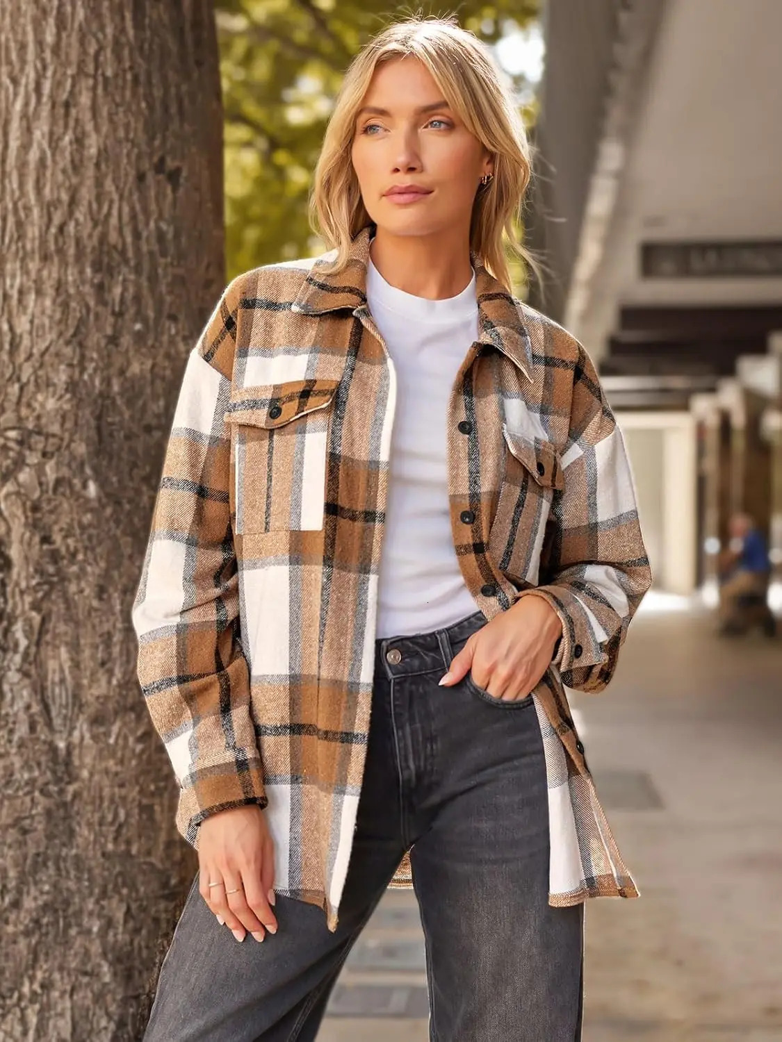 Womens Fall Outfits Fashion Clothes Shackets Flannel Plaid Button Down Long Sleeve Shirts Jackets 241011