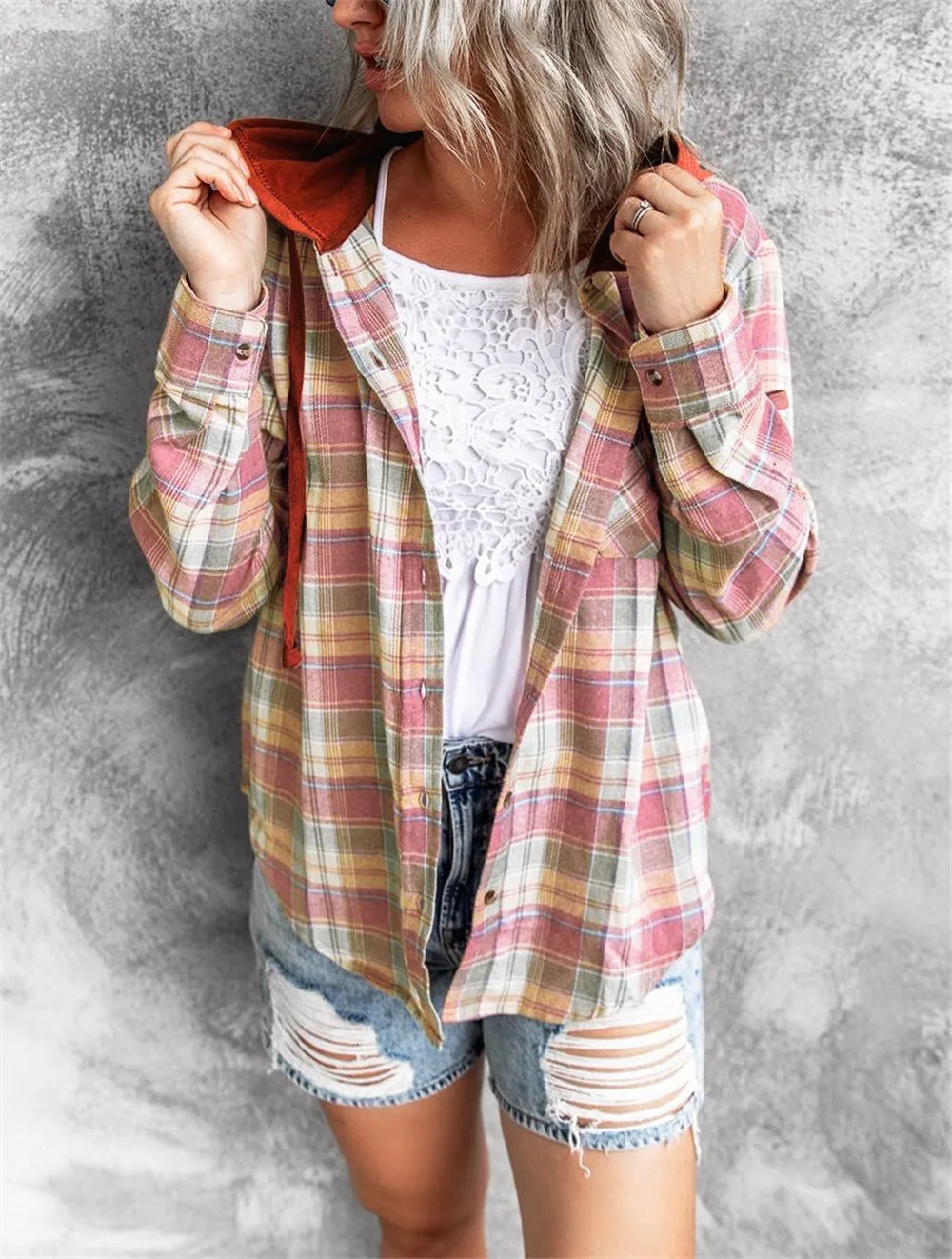 Women Autumn Hooded Collar Plaid Sweatshirt Drawstring Loose Casual Hoodies Button With Chest-pocket 240919