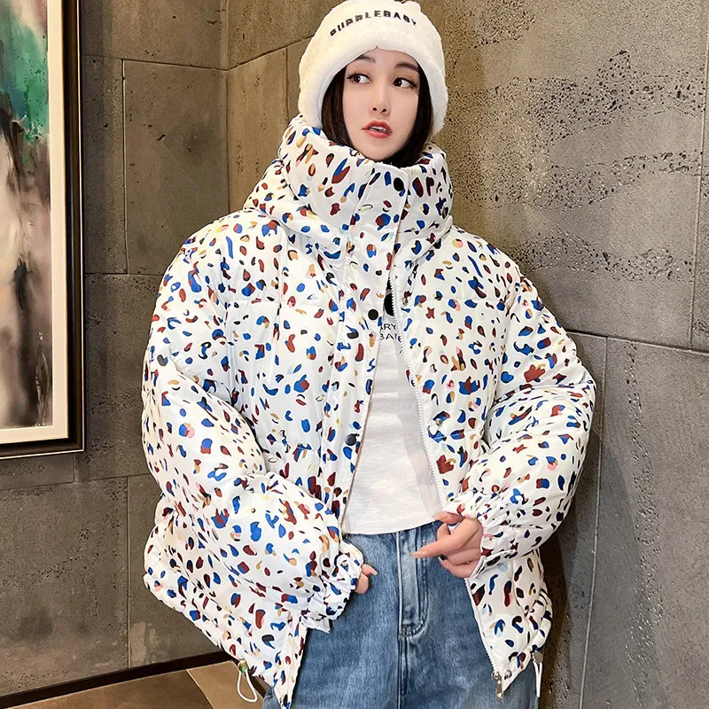 Down Cotton Coat Womens 2024 Winter Jacket Short Loose Padded Coats Printing Hooded Allmatch Fashion Korean Bread Jackets 240930