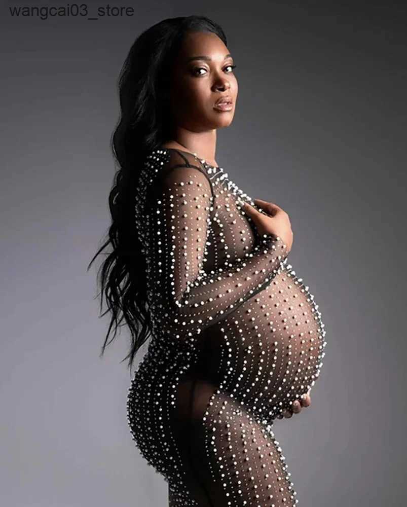 Maternity Dresses Maternity Photography Props Dresses Sexy Transparent Bright Pearl Lace Tulle for Pregnancy Women Photo Shoot Prop Accessories L24091