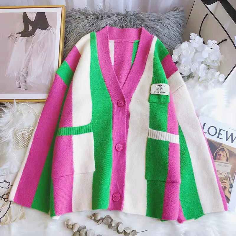 GACVGA 2024 Autumn Winter Striped Knitted Cardigan Women Long Sleeve Tops Loose Casual Sweater Fashion y2k Clothes Streetwear 241007