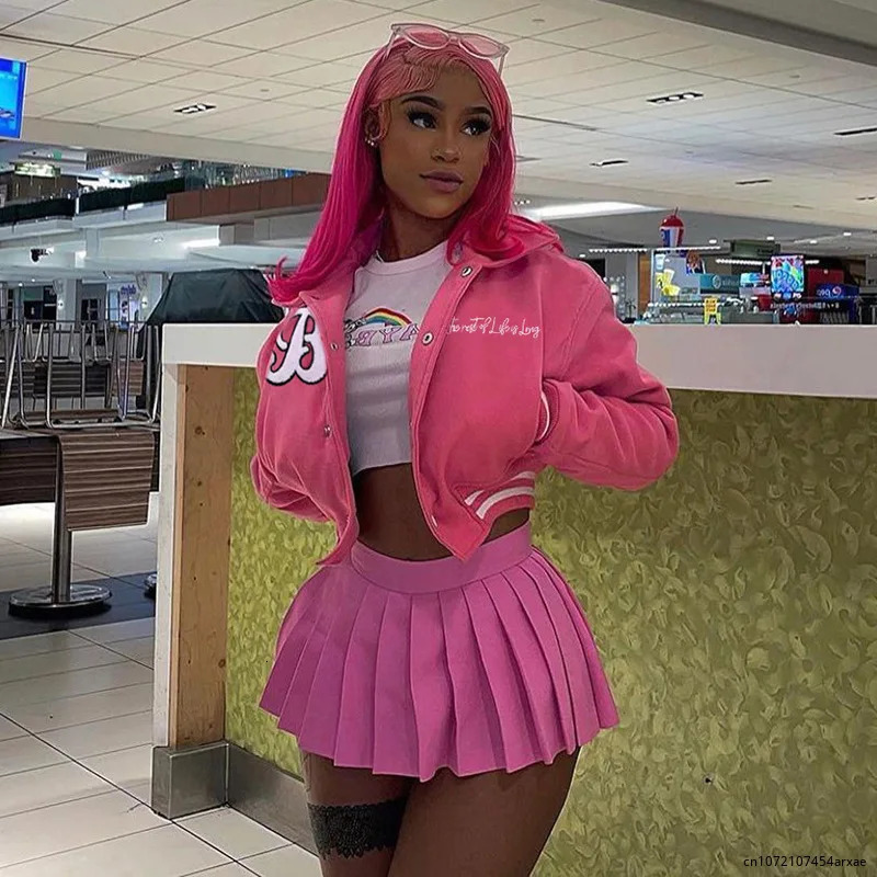 Womens baseball jacket single chest letter hip-hop streetwear crop top university bomber jacket casual college jacket pink 241011