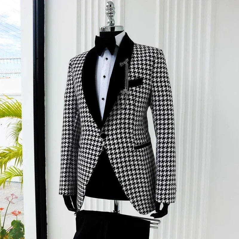 Houndstooth Suits For Men Check Wedding Groom Tuxedo Slim Fit 2 Pcs Plaid Business Fashion Blazer With Pants 2024