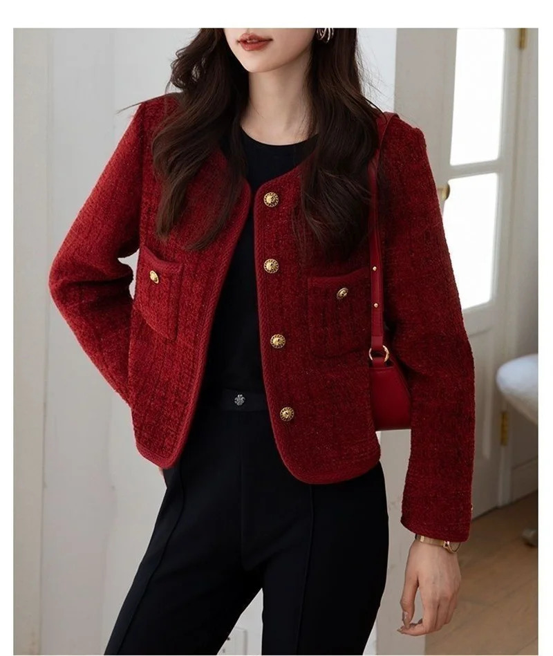 Outerwears Womens Jacket Jackets Burgundy Coat Spring and Autumn Temperament Joker Socialite Tweed 241011