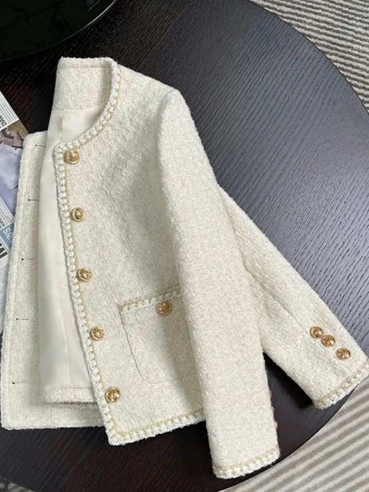 Jmprs fashionable white coarse woolen jacket womens long sleeved sweet jacket fashionable O-neck elegant casual womens fully matched top 240930