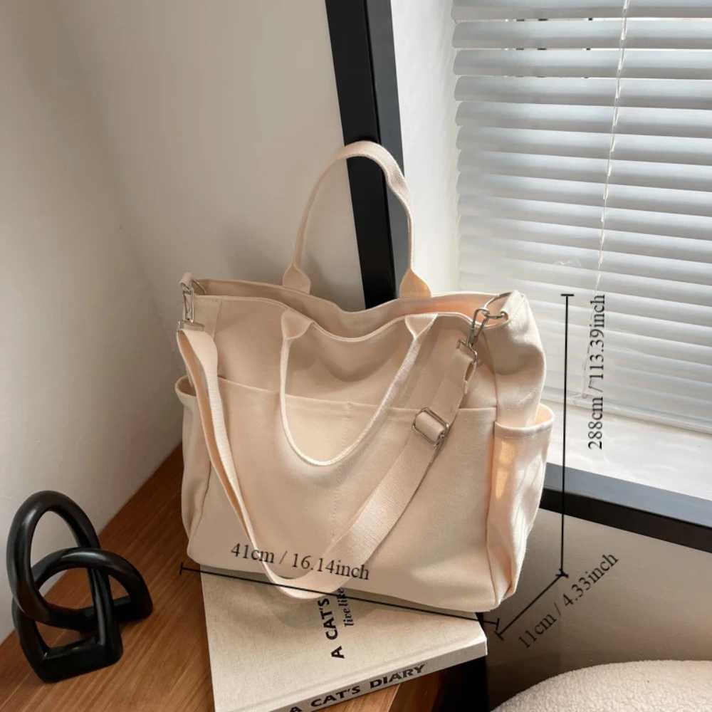 Ins Lazy Wind Canvas Large Bag New Korean Version Single Shoulder Horizontal Bag Womens Simple Literature Solid Color Y241011