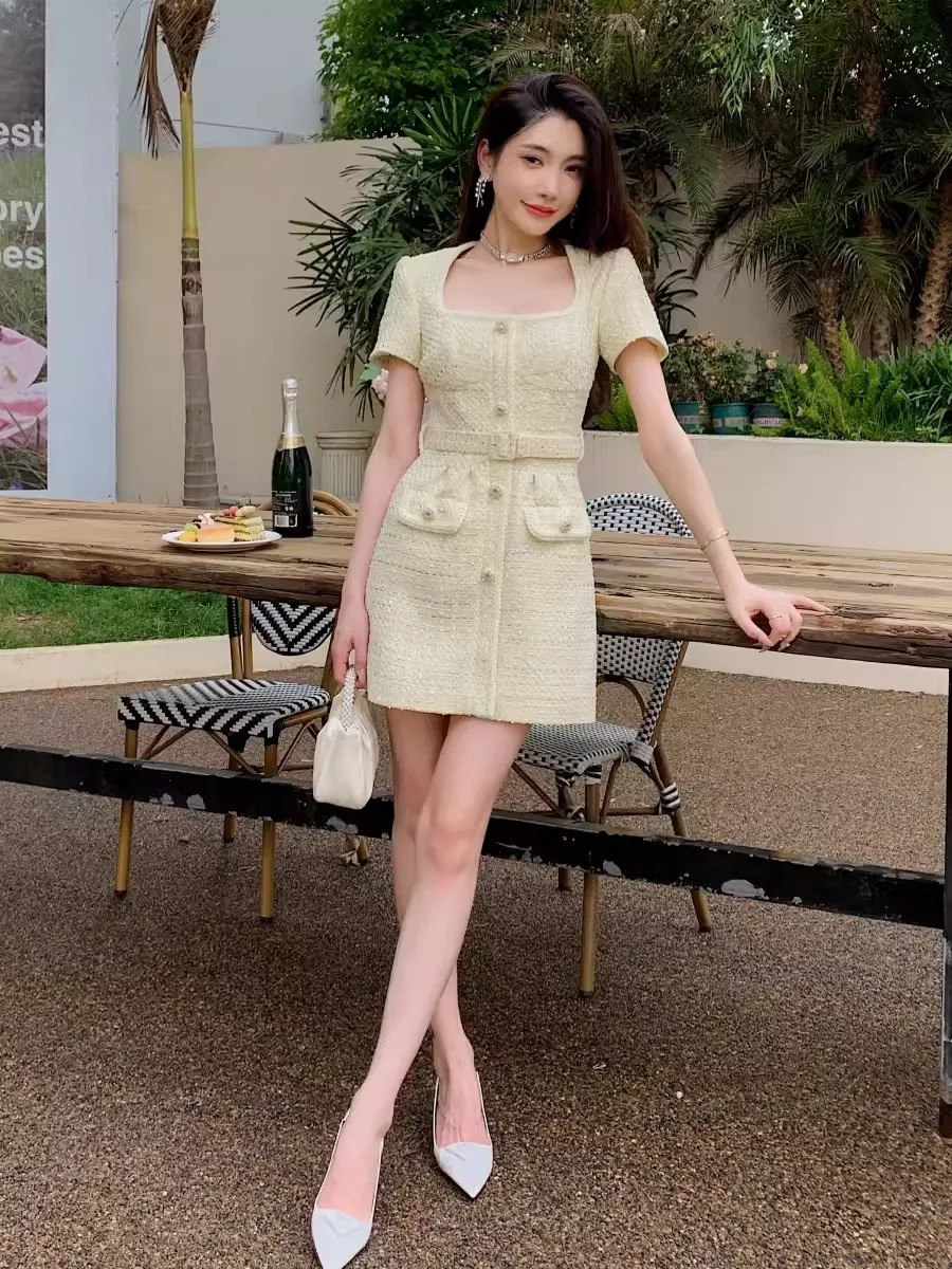 French little perfume tweed dress autumn womens short sleeved celebrity button plain wool belt short vest 241010