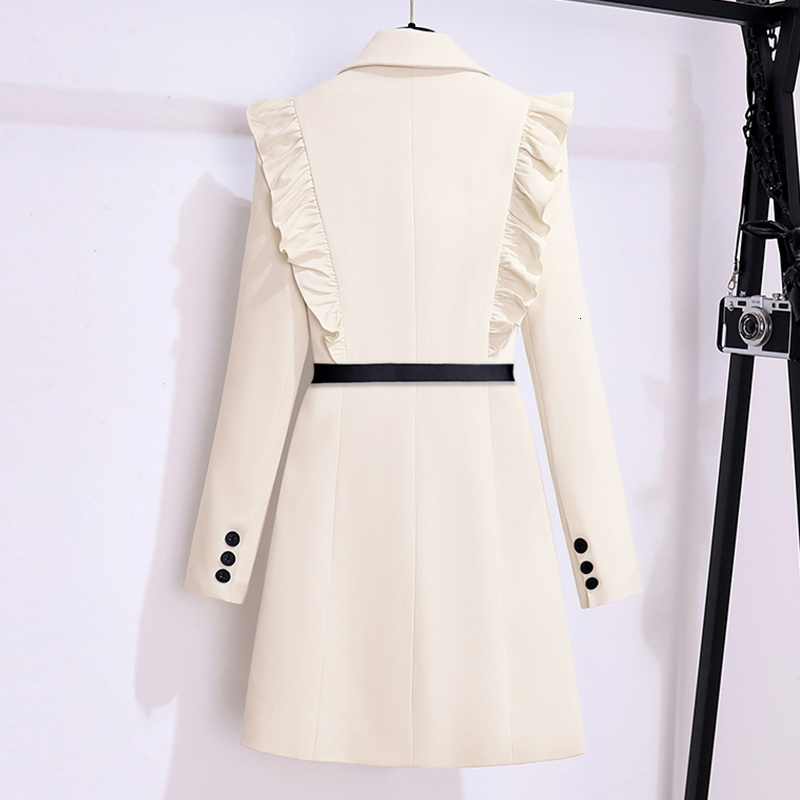 EVNISI Elegant Windbreaker Double Breasted Slim OL Long Trench Coat Ruffles With Belt Women Autumn Winter