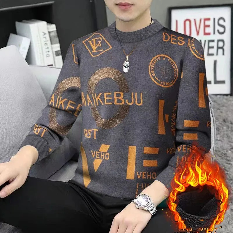Round neck mens autumn solid Rhinestone letter geometric thread embroidery long sleeved sweater knitted casual top 241007