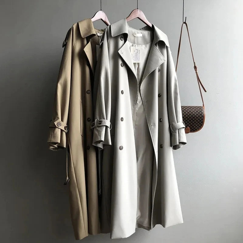 Classic long trench coat womens spring chic khaki double chest with badina jacket Korean casual windproof machine Abrigos Casacos 240927