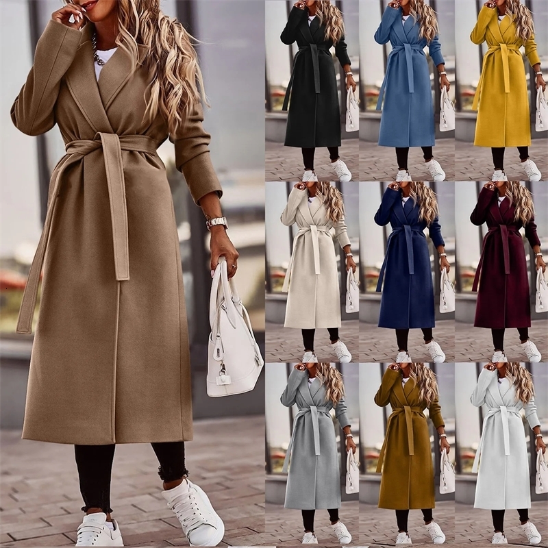 2023 Crossborder Womens Autumnwinter Solid Color Lapel Long Sleeve Woolen Jacket Simple Tied Windbreaker 240905