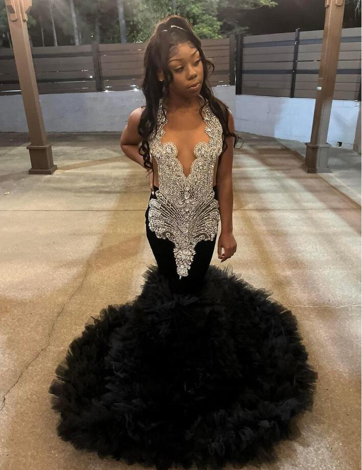Sparkly Long Mermaid Prom Formal Dresses for Black Girl 2025 Luxury Diamond Ruffles Clound Evening Birthday Party Gala Gown