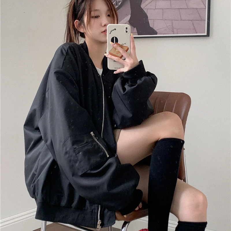 Deeptown Vintage Bomber Womens Jacket Oversized Harajuku Fashion Streetwear Spring Baseball Jackets Zipper Korean Style Coats 241011
