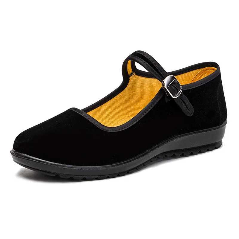 Womens Wedge Flat Shoes Spring New Fashionable Black Work Anti slip Rubber Sole Comfortable Belt Old Beijing Cloth Wedge Shoes Y241011