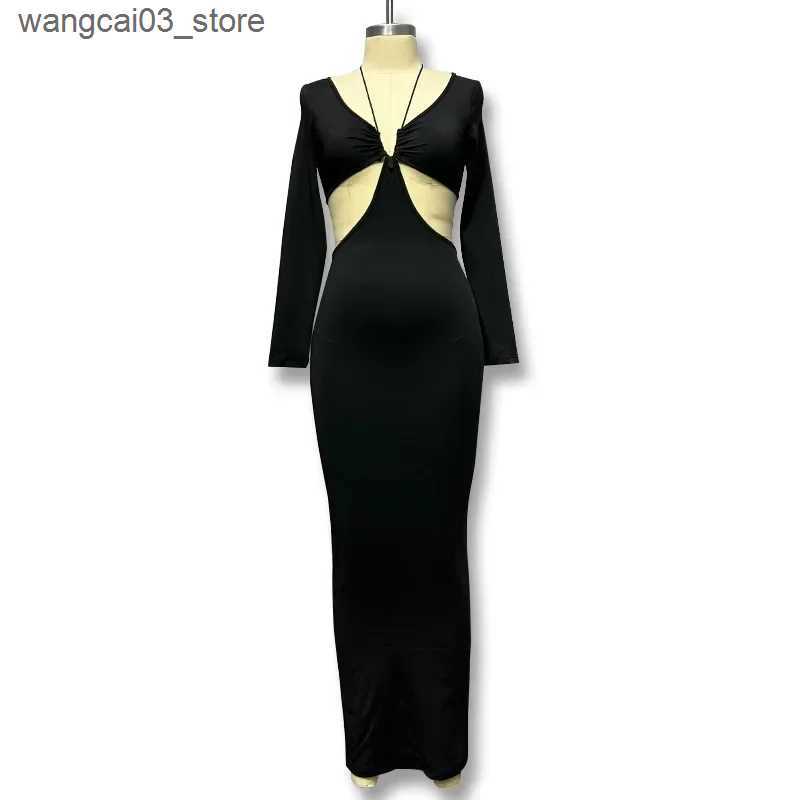 Maternity Dresses New Hollow Pregnant Photography Prop Dress Baby Shower Slim Halterneck Style Black Female Sexy Maternity Dresses For Photoshoot L240