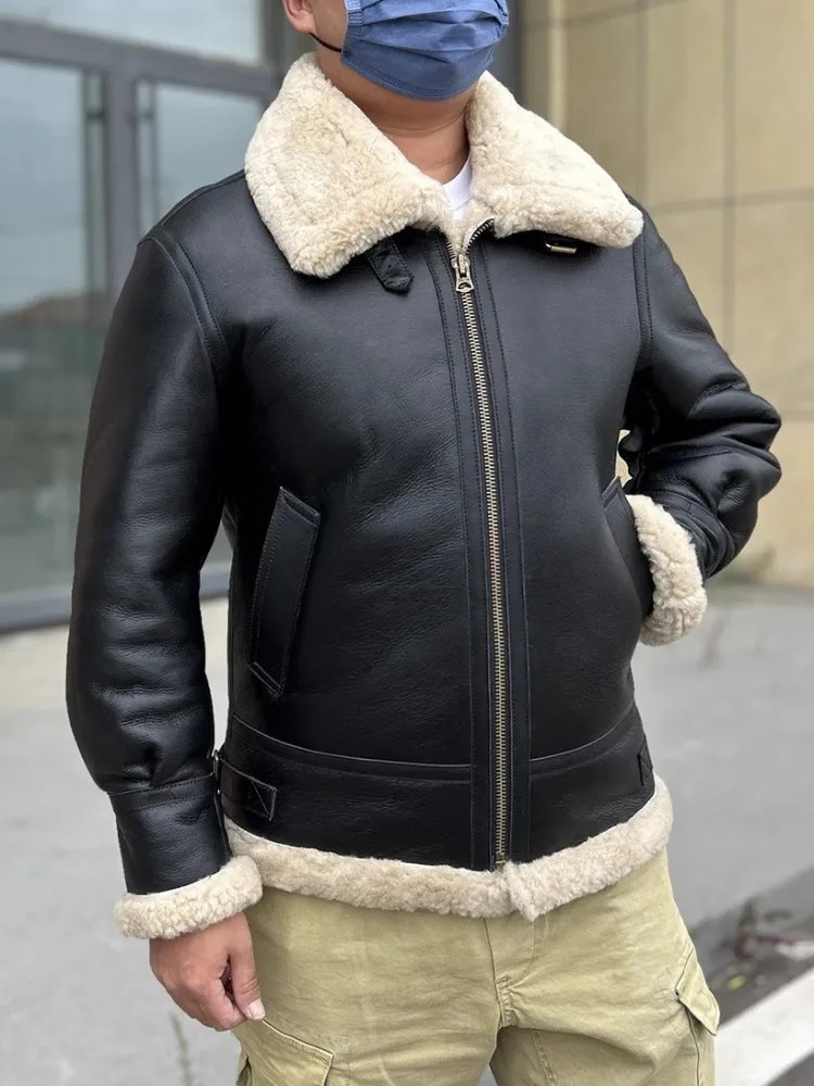 Winter genuine leather Pilot jacket with warm wool lining and wool short jacket for street wear mens genuine leather motorcycle jacket size 5XL 6XL 24