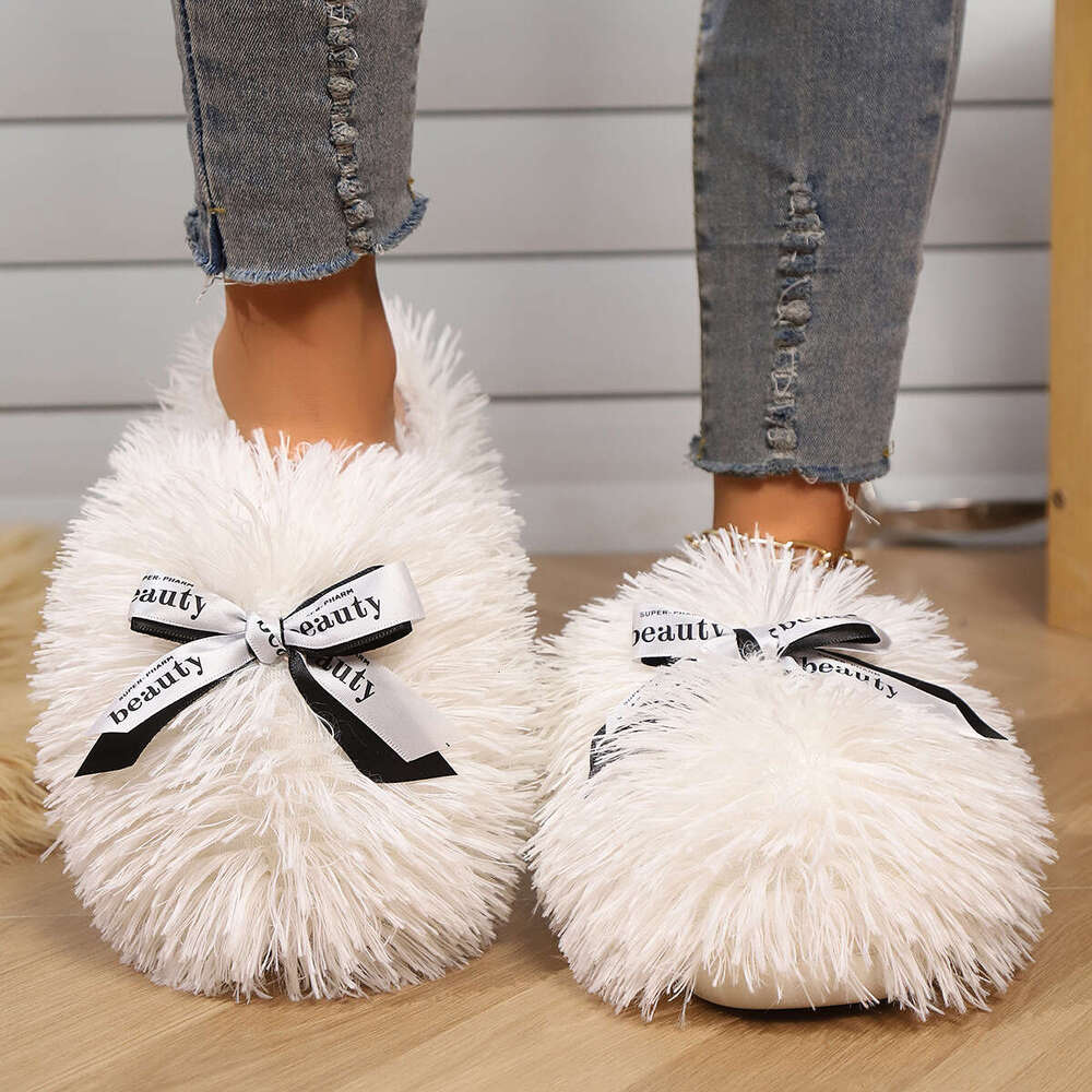 Women cotton slippers Velvet slippers Winter New Imitation Tan Sheep Long Hair Warm Women's Cotton Slippers Butterfly Knot Home Indoor