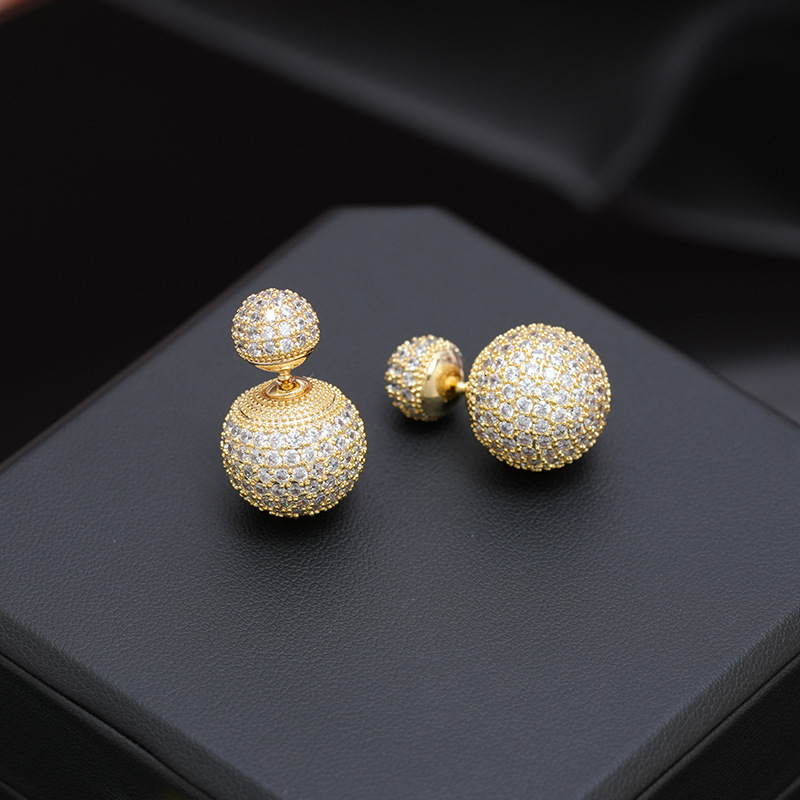 New Light High end Round Ball with Micro inlaid Zirconia Zircon Stones, Wearing Earstuds in Front and Back, Women's Style Earrings