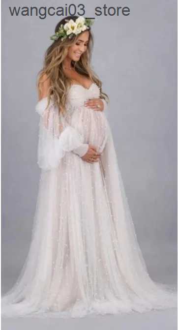 Maternity Dresses Maternity Photography Props Dress Dense Pearl White Yarn Maternity Photography Clothing Babyshower Gown Photo Shoot Pregnant L240910