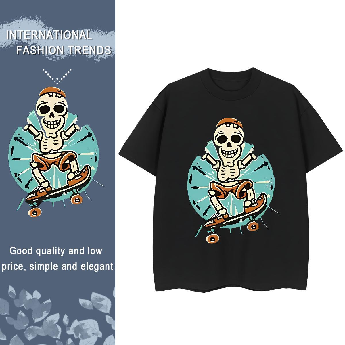Fashion Casual T Shirt For Woman 100% Cotton 230g Crew Neck Breathable Beach skull Unisex Tshirts Comfortable Cartoon Print Tops Shirt