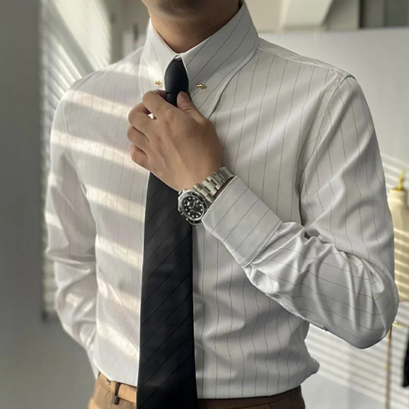 Autumn Korean Mens Striped Printed Shirt Business Casual Dress Mens Camisa Social Masculina Manga Longa Mens Clothing 241007
