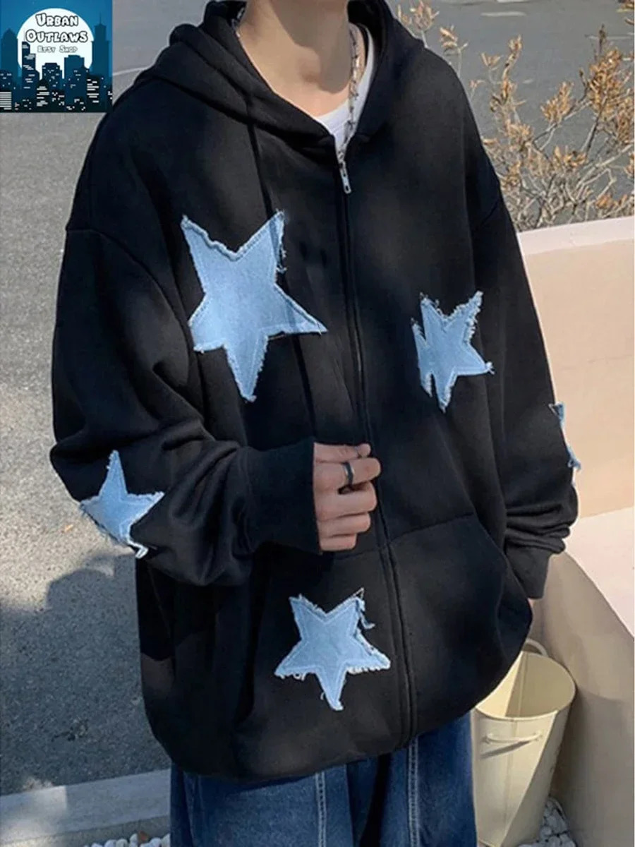 Womens Zipper Hoodie Star Pattern Casual Long Sleeve Sports Jacket with Pocket Suitable for Autumn Street Wear 241010