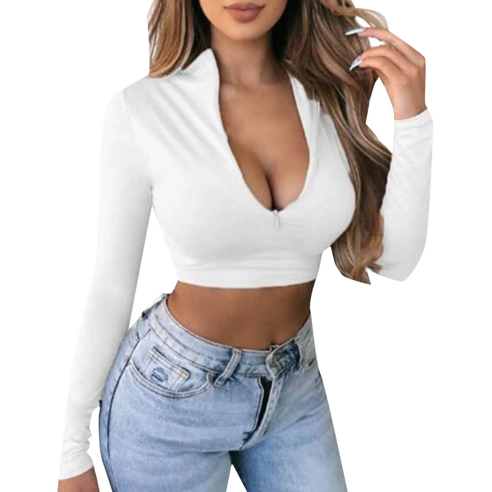 Y2K Zip T Shirt Women Long Sleeve Crop Tops Sexy Slim Fit Tees Female TShirts Fashion Ladies Solid Pullovers Causal 241011