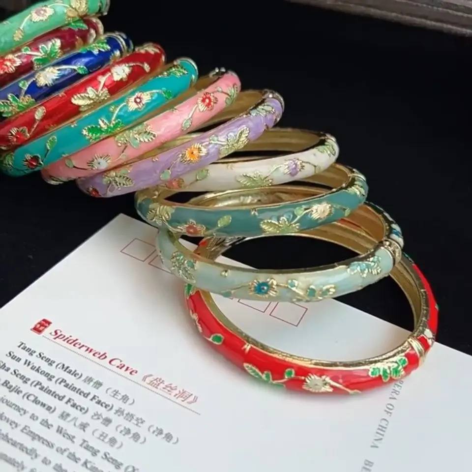 Enamel China Cloisone Bracelet Double Bracelet China Peony Filigree Flower Bracelet Traditional Retro Womens Bracelet 241007