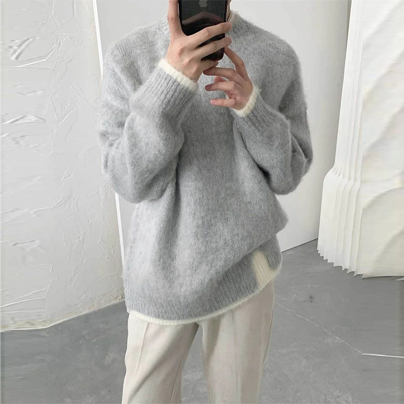 Autumn Clothing Mens Knitted Patchwork Pullover Sweater Fashion Vintage O Neck Solid Color Long Sleeve Premium Tops 241007