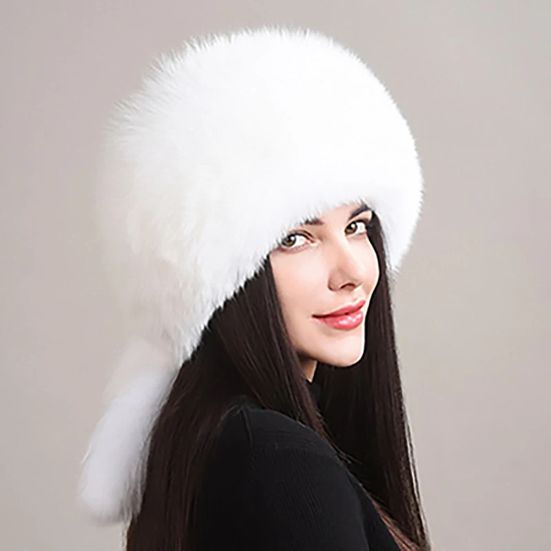 Selling Winter Womens Fox Fur Hat Fluffy Soviet Outdoor Warm Snow Leather 5Tailed True Cold Bomber 241009