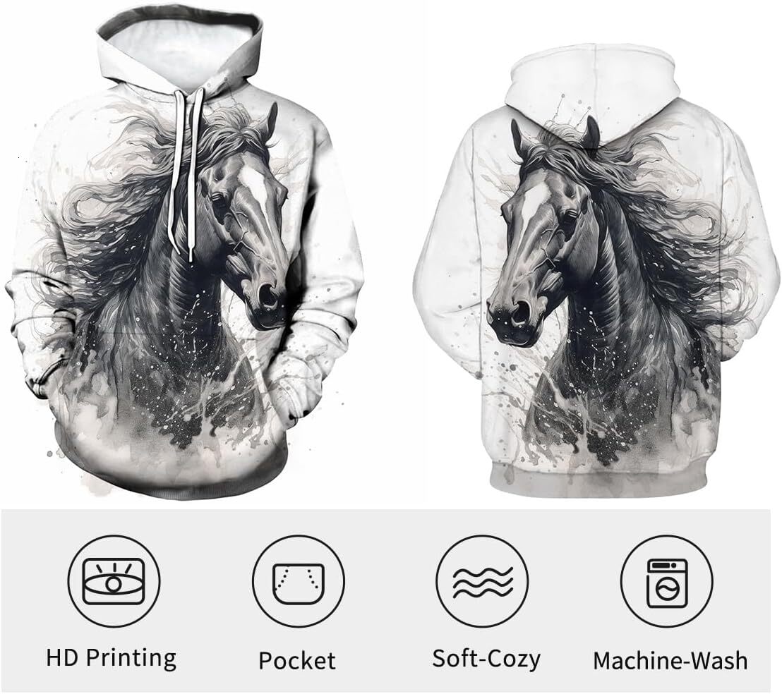 Hoodie for Mens Womens Mens Hoodie Horse Print Hoodies Novelty Graphic Sweatshirts Fashion Pullover Graphic Hoodies sweatshirt keep warm