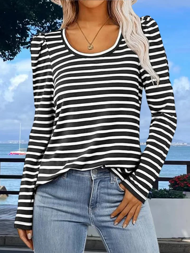 Womens Long Sleeved Round Neck Puff Sleeve T-Shirt European And American Black White Striped Puff Sleeve Casual Fall Streetwear 241011