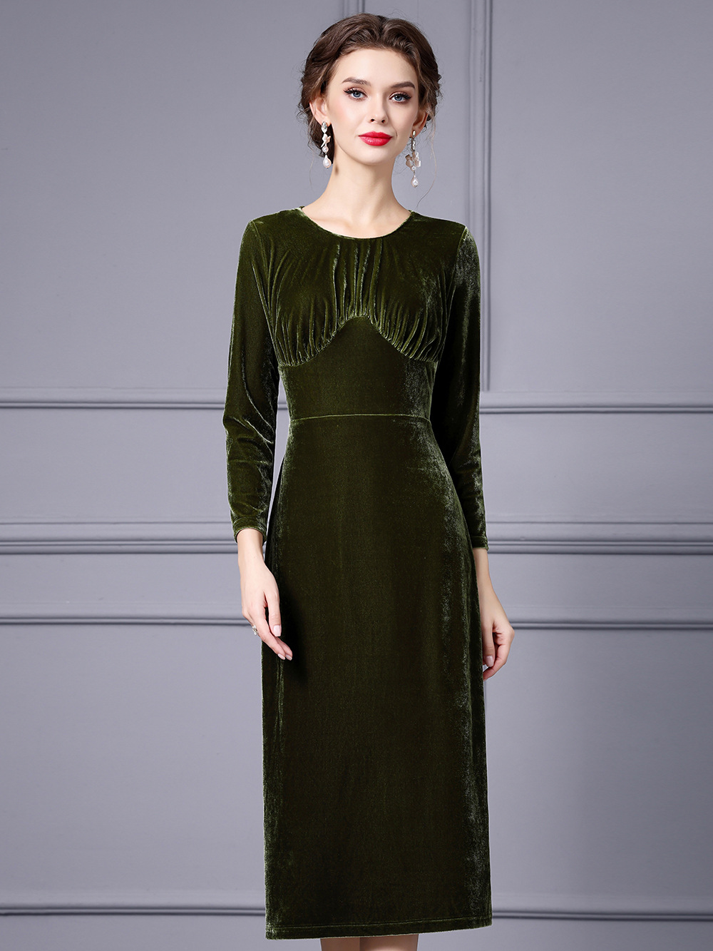 0C-SB9447 407M17 Women's Basic & Casual Dresses Autumn and Winter Golden Velvet Long Skirt Evening Dress