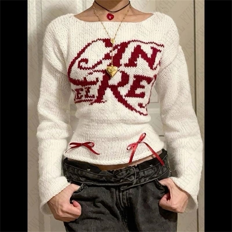 Y2k Knitted Sweater High Street Harajuku Letter Print Hiphop Knitt Pullover Vintage Grunge Goth Slim Punk Casual Long Sleeve Top 241010